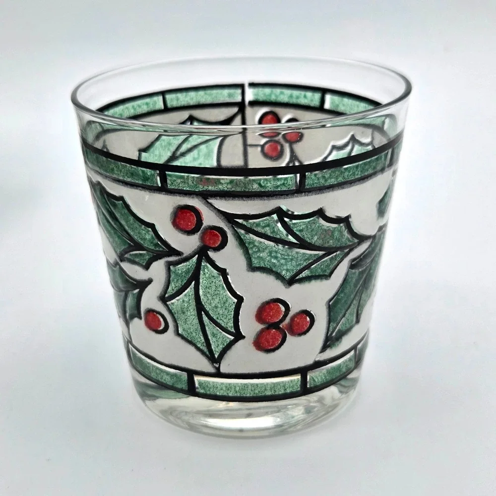 WEST VIRGINIA Snowy Holly & Berry Stained Glass 16oz Lo-Ball Rocks VINTAGE Set 6